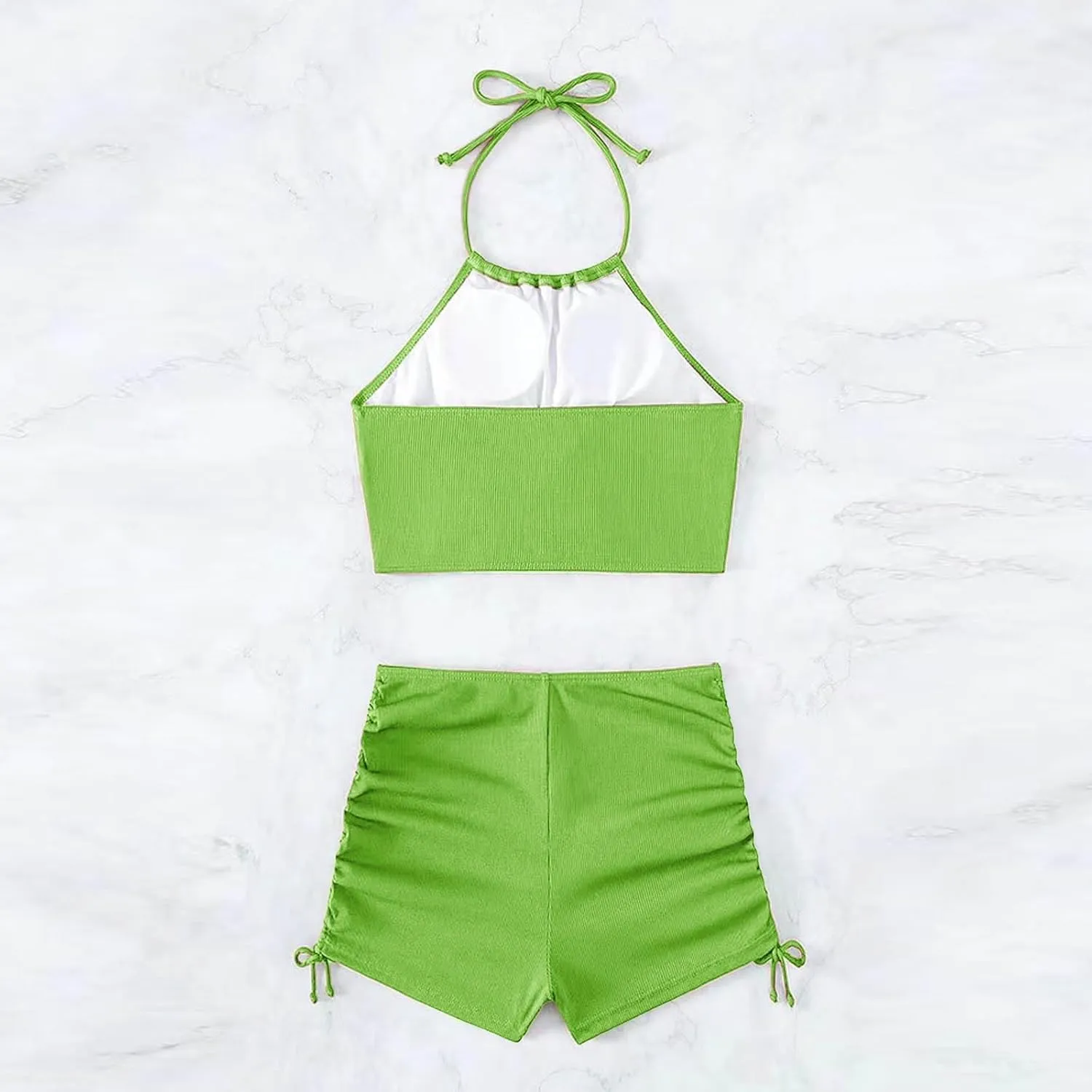 2 Piece Swimsuit for Women High Waisted Shorts Tummy Control Strap Cut Out Halter Bikini Sets Double Drawstring