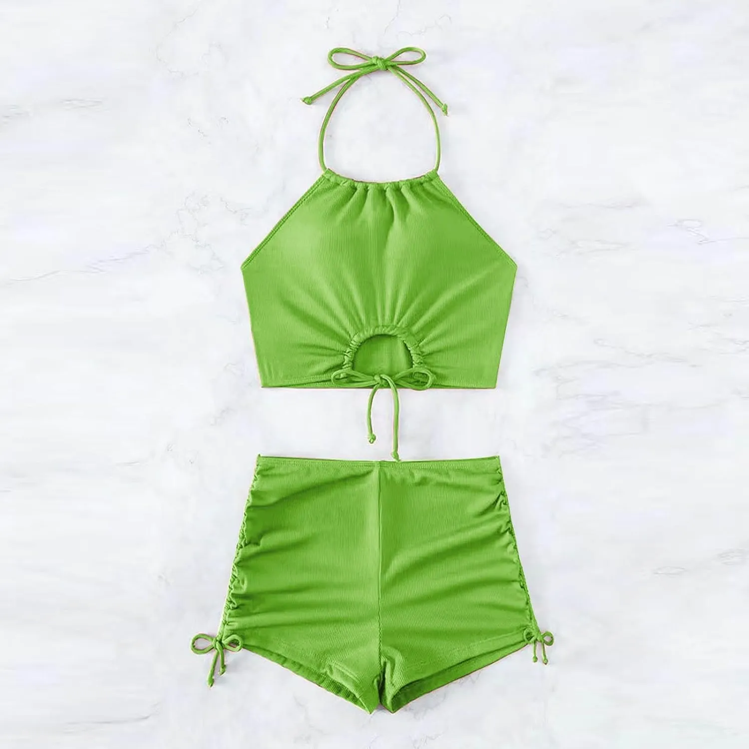 2 Piece Swimsuit for Women High Waisted Shorts Tummy Control Strap Cut Out Halter Bikini Sets Double Drawstring