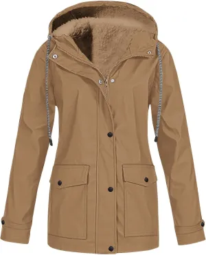 2024 Fall Winter Fleece Lined Rain Jacket Women Long Sleeve Hiking Lightweight Softshell Raincoat Hooded Trench Coats