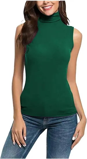 2025 Womens Sleeveless Turtleneck Tops Plus Size Mock High Neck Tank Tops Slim Fitted Undershirt Basic Layer Tees