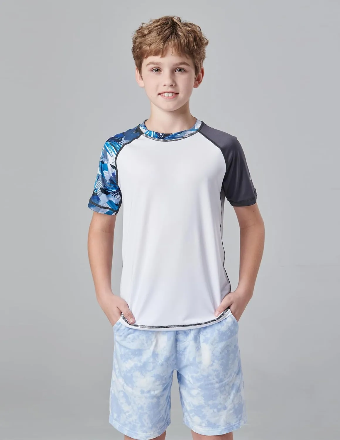 3 Pack Boys' UPF 50  Rash Guard Short Sleeve Swim Shirts, Quick Dry UV Protection Swimwear for Kids