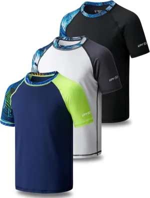 3 Pack Boys' UPF 50  Rash Guard Short Sleeve Swim Shirts, Quick Dry UV Protection Swimwear for Kids