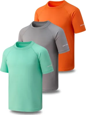3 Pack Boys' UPF 50  Rash Guard Short Sleeve Swim Shirts, Quick Dry UV Protection Swimwear for Kids