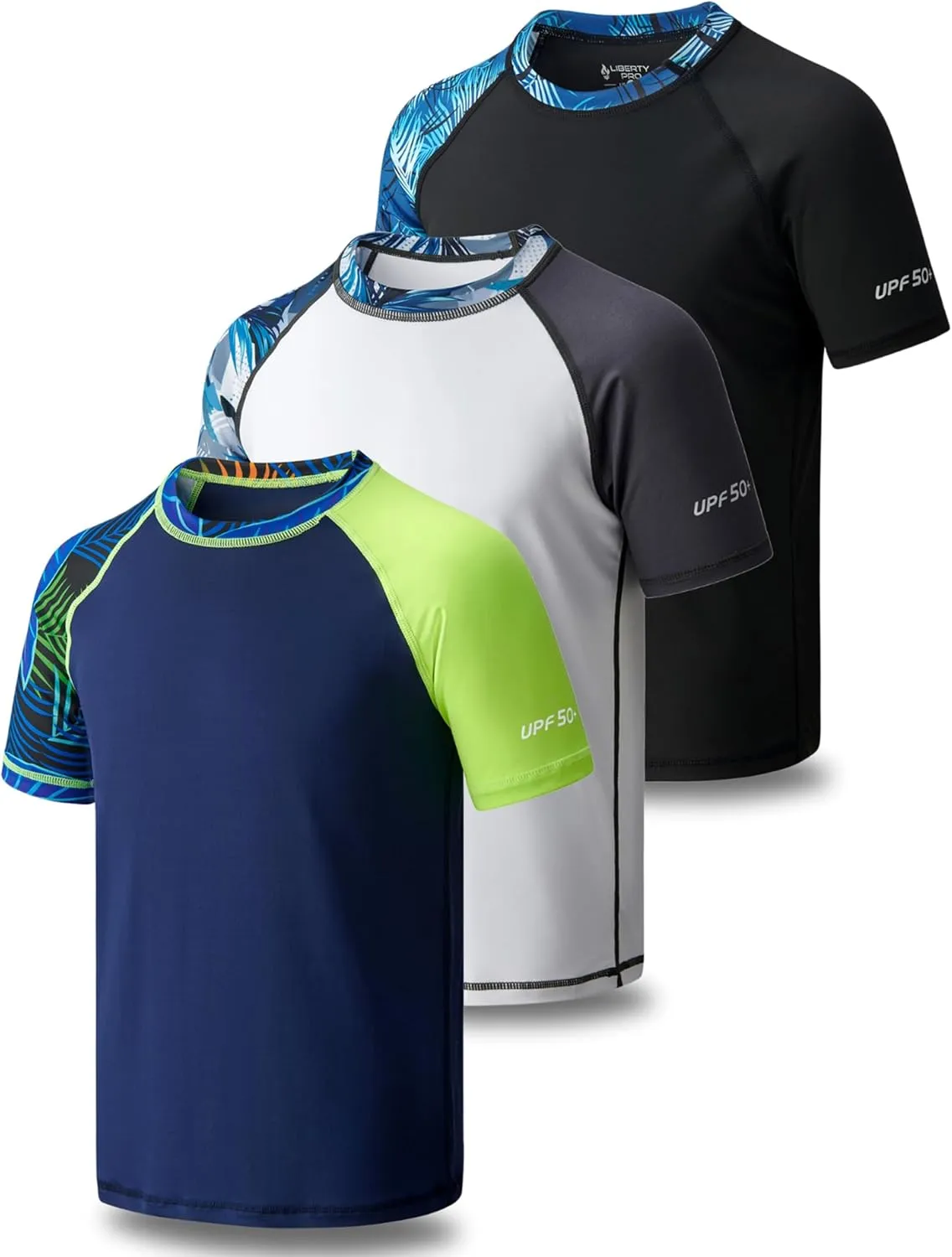 3 Pack Boys' UPF 50  Rash Guard Short Sleeve Swim Shirts, Quick Dry UV Protection Swimwear for Kids