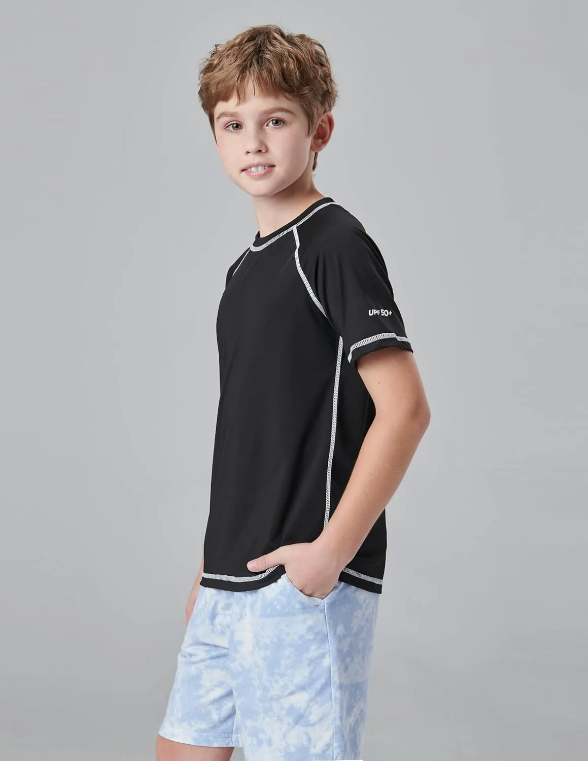 3 Pack Boys' UPF 50  Rash Guard Short Sleeve Swim Shirts, Quick Dry UV Protection Swimwear for Kids
