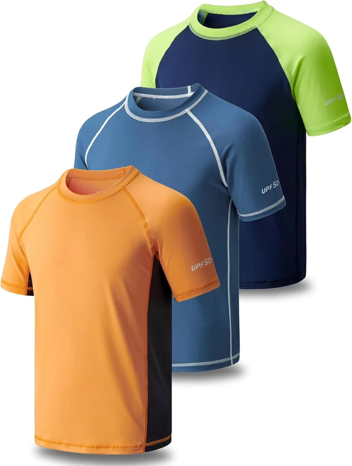 3 Pack Boys' UPF 50  Rash Guard Short Sleeve Swim Shirts, Quick Dry UV Protection Swimwear for Kids