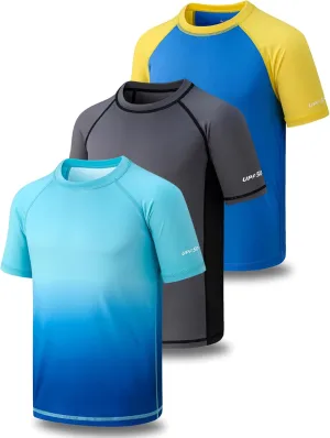 3 Pack Boys' UPF 50  Rash Guard Short Sleeve Swim Shirts, Quick Dry UV Protection Swimwear for Kids