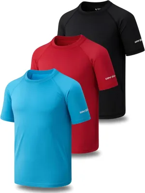 3 Pack Boys' UPF 50  Rash Guard Short Sleeve Swim Shirts, Quick Dry UV Protection Swimwear for Kids
