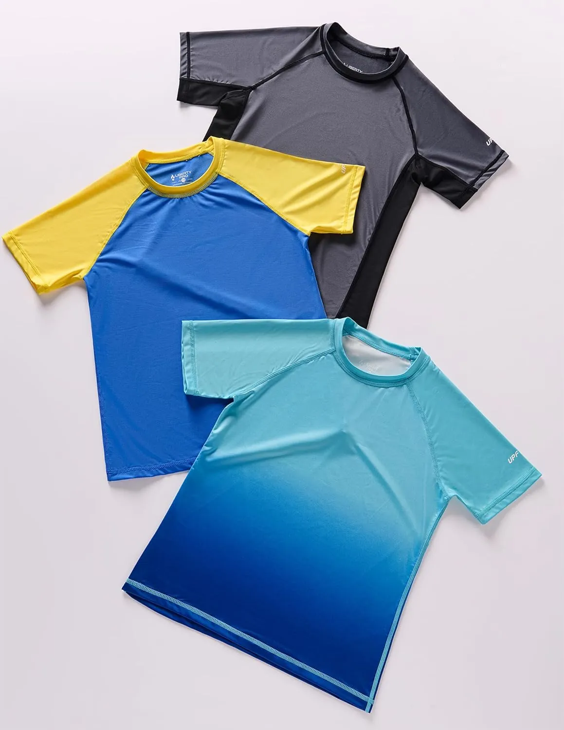 3 Pack Boys' UPF 50  Rash Guard Short Sleeve Swim Shirts, Quick Dry UV Protection Swimwear for Kids