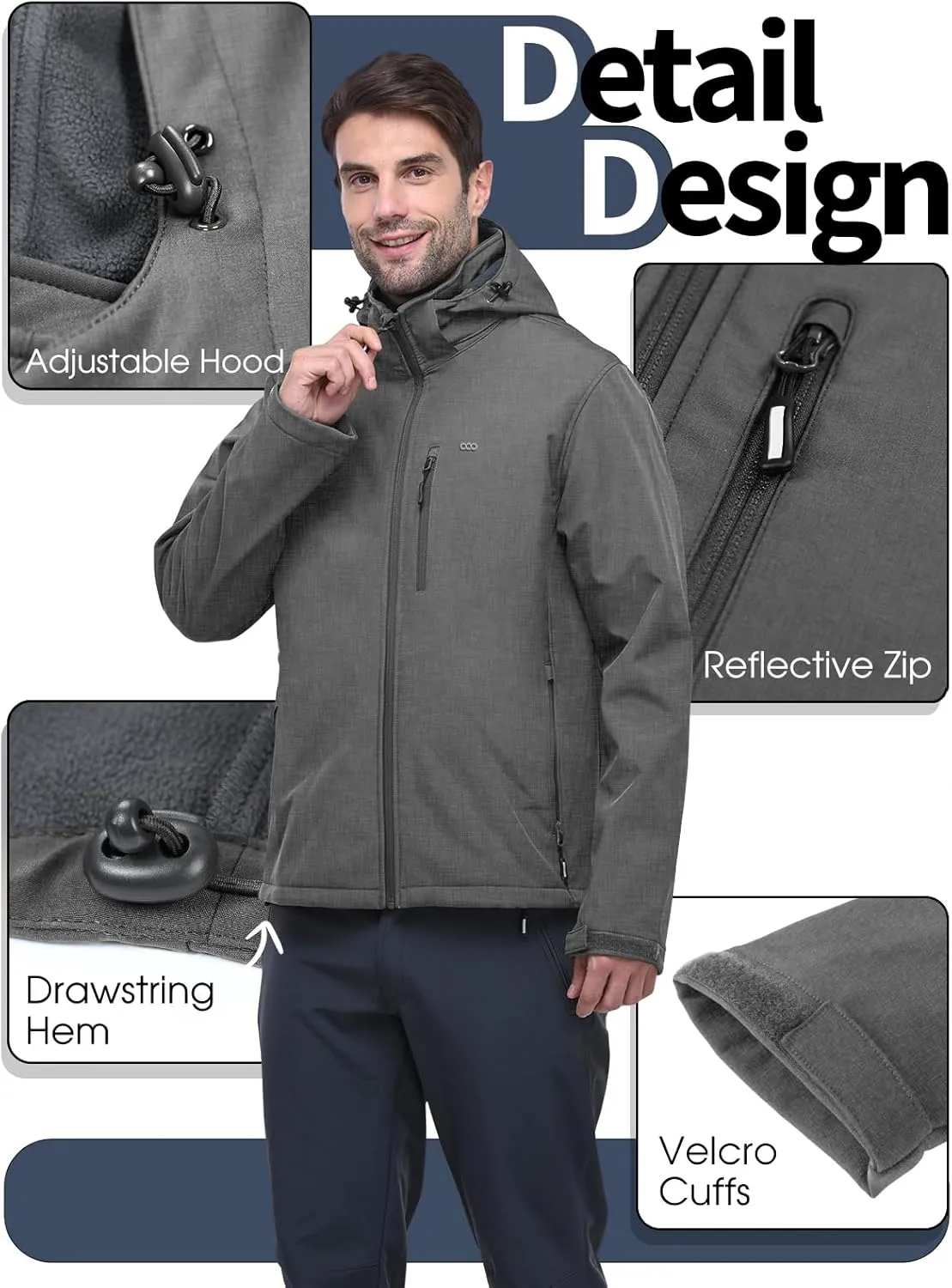 33,000ft Men's Softshell Jacket with Hood Fleece Lined Windbreaker Lightweight Waterproof Jackets for Hiking