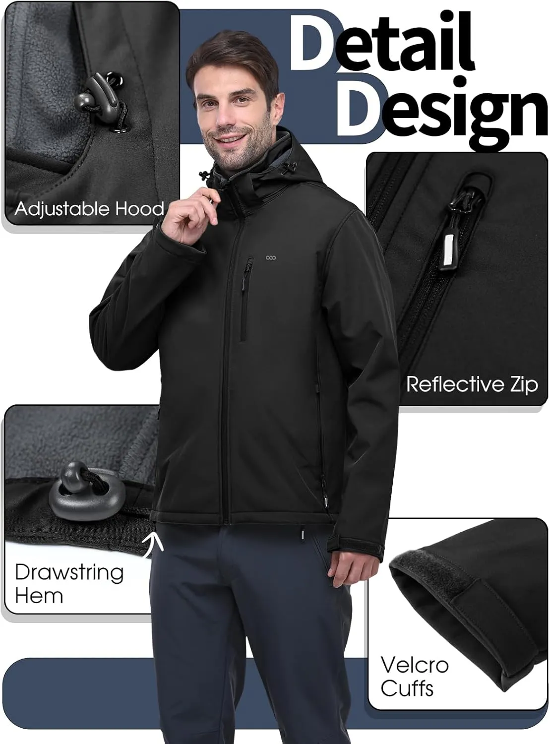 33,000ft Men's Softshell Jacket with Hood Fleece Lined Windbreaker Lightweight Waterproof Jackets for Hiking