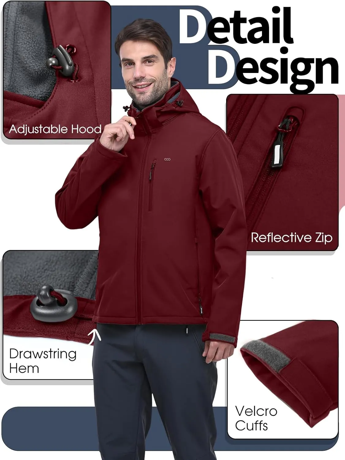 33,000ft Men's Softshell Jacket with Hood Fleece Lined Windbreaker Lightweight Waterproof Jackets for Hiking
