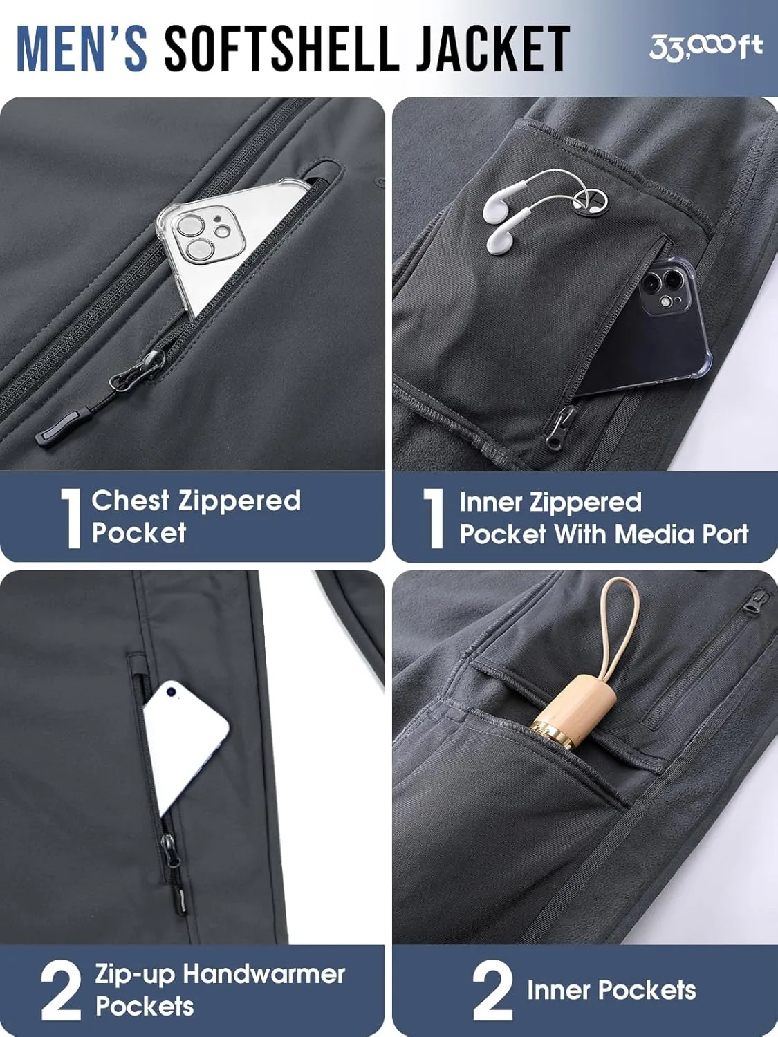 33,000ft Men's Softshell Jacket with Hood Fleece Lined Windbreaker Lightweight Waterproof Jackets for Hiking