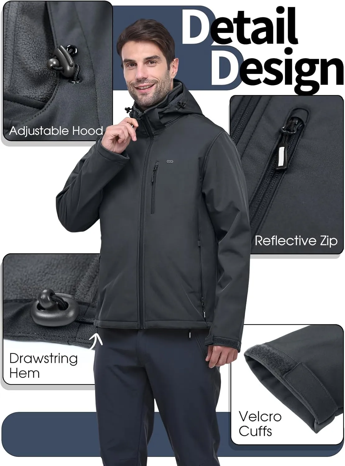 33,000ft Men's Softshell Jacket with Hood Fleece Lined Windbreaker Lightweight Waterproof Jackets for Hiking