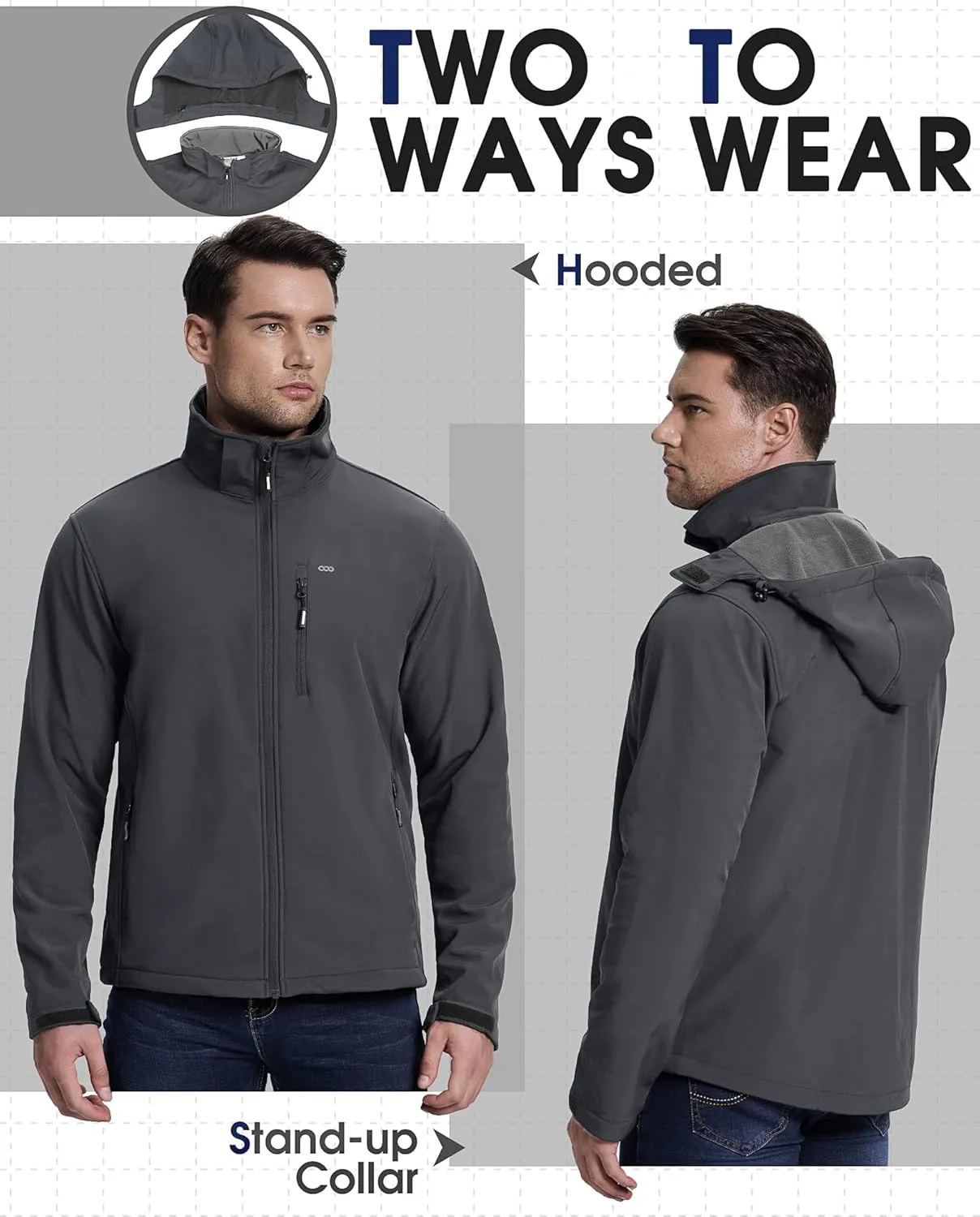 33,000ft Men's Softshell Jacket with Hood Fleece Lined Windbreaker Lightweight Waterproof Jackets for Hiking