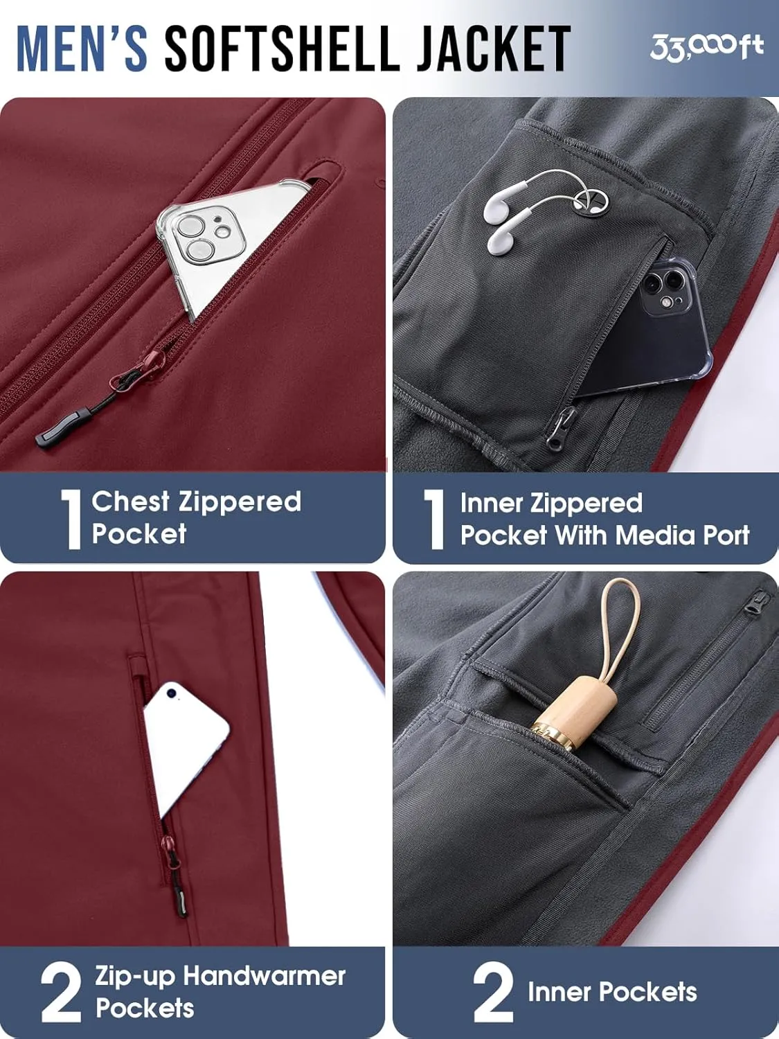 33,000ft Men's Softshell Jacket with Hood Fleece Lined Windbreaker Lightweight Waterproof Jackets for Hiking