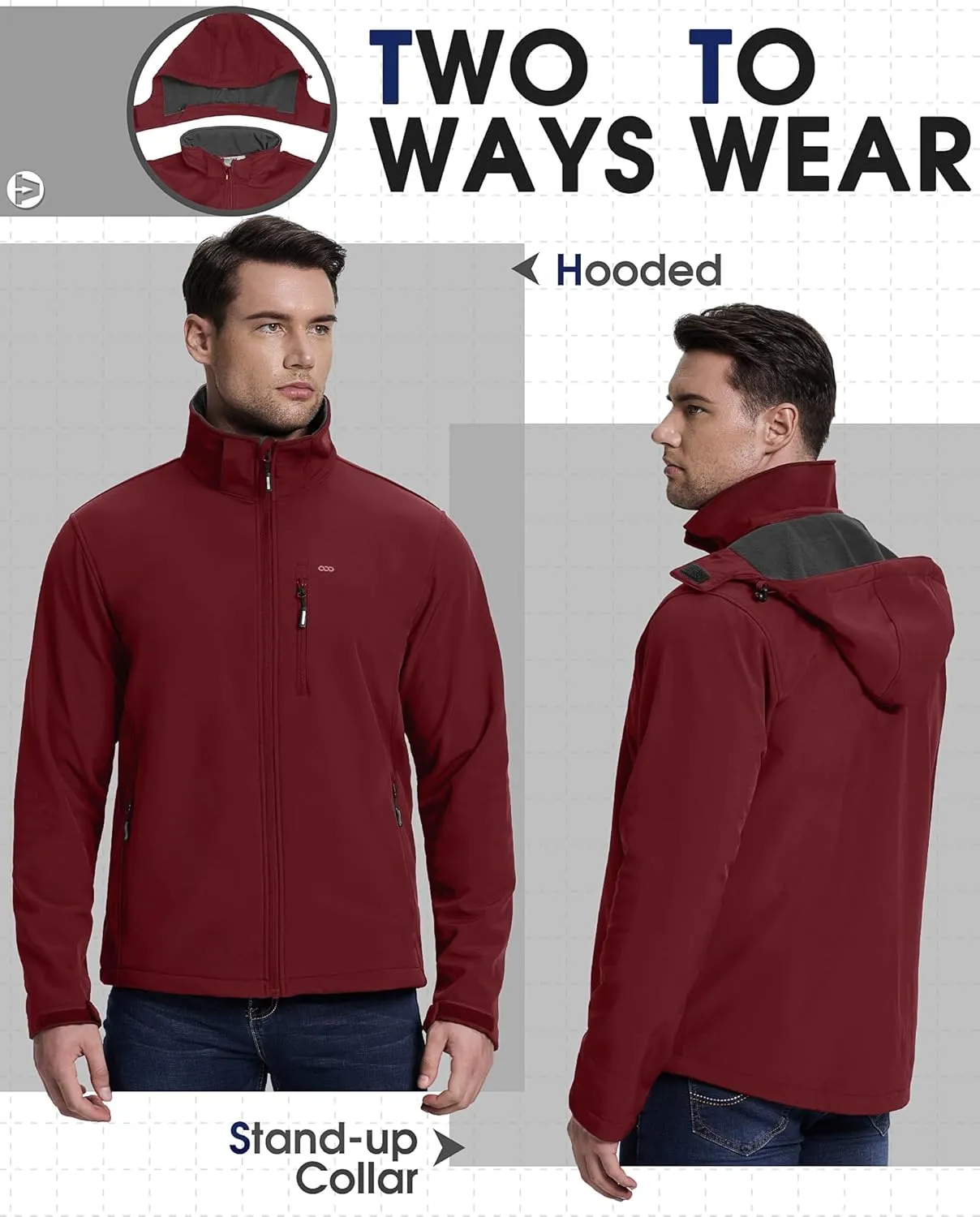 33,000ft Men's Softshell Jacket with Hood Fleece Lined Windbreaker Lightweight Waterproof Jackets for Hiking