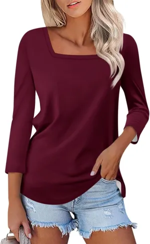3/4 Sleeve Tops for Women Square Neck Summer T Shirts Casual Dressy Trendy Blouses Color Block Print Loose Fit Tunics