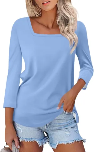 3/4 Sleeve Tops for Women Square Neck Summer T Shirts Casual Dressy Trendy Blouses Color Block Print Loose Fit Tunics