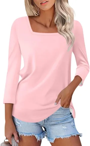 3/4 Sleeve Tops for Women Square Neck Summer T Shirts Casual Dressy Trendy Blouses Color Block Print Loose Fit Tunics