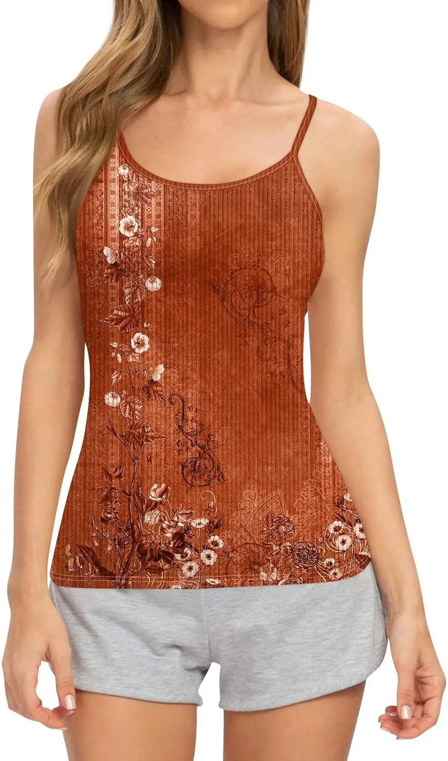 Adjustable Spaghetti Strap Tank Top Plus Size Summer Camisole Crew Neck Stretchy Ribbed Vacation Outfits