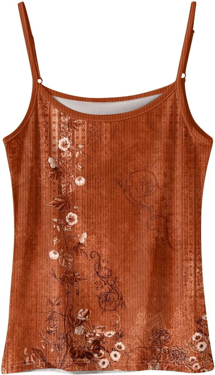 Adjustable Spaghetti Strap Tank Top Plus Size Summer Camisole Crew Neck Stretchy Ribbed Vacation Outfits