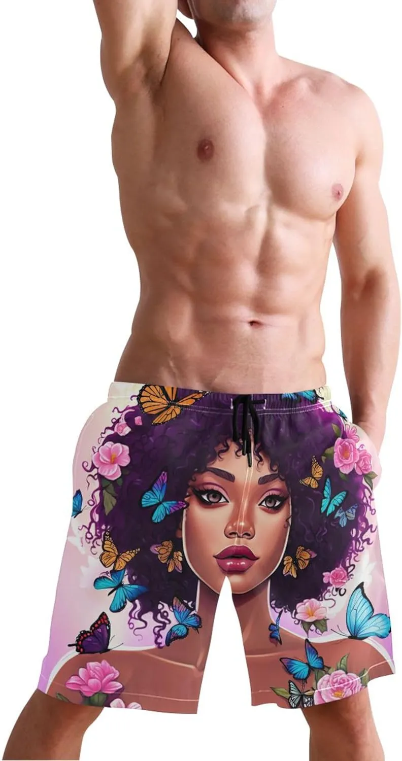 African American Woman Cute Swim Trunks Men Quick Dry Bathing Shorts Surf Mens Swimming Shorts S