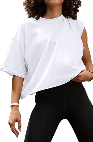 Aiosngyuan Women's Oversized Workout Cropped Tops Fashion Drop Shoulder Short Sleeve Loose Basic Yoga Running T-Shirts