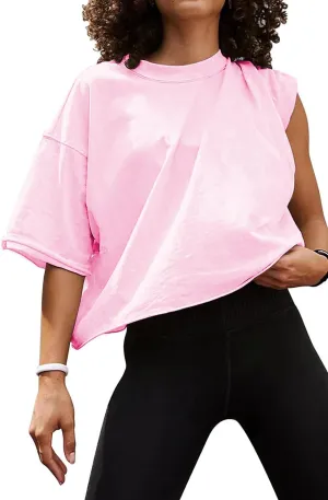 Aiosngyuan Women's Oversized Workout Cropped Tops Fashion Drop Shoulder Short Sleeve Loose Basic Yoga Running T-Shirts