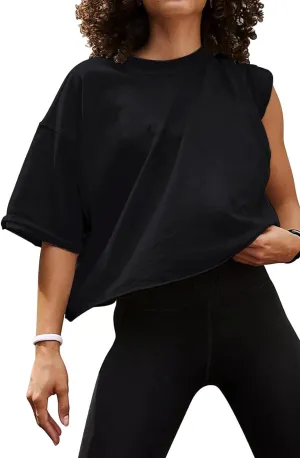 Aiosngyuan Women's Oversized Workout Cropped Tops Fashion Drop Shoulder Short Sleeve Loose Basic Yoga Running T-Shirts