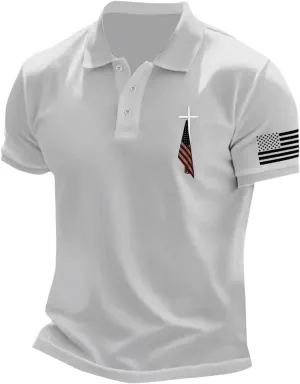 American Flag Polo Shirt for Men 4th of July Patriotic Tee Button Lapel Short Sleeve Top Cross Nail Embroidered Shirt