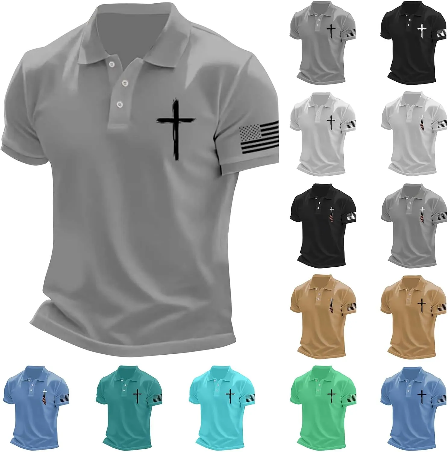 American Flag Polo Shirt for Men 4th of July Patriotic Tee Button Lapel Short Sleeve Top Cross Nail Embroidered Shirt