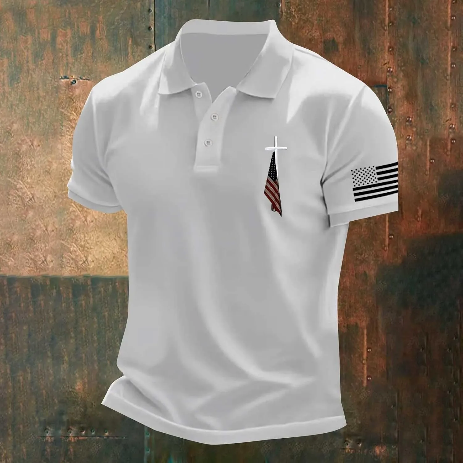 American Flag Polo Shirt for Men 4th of July Patriotic Tee Button Lapel Short Sleeve Top Cross Nail Embroidered Shirt