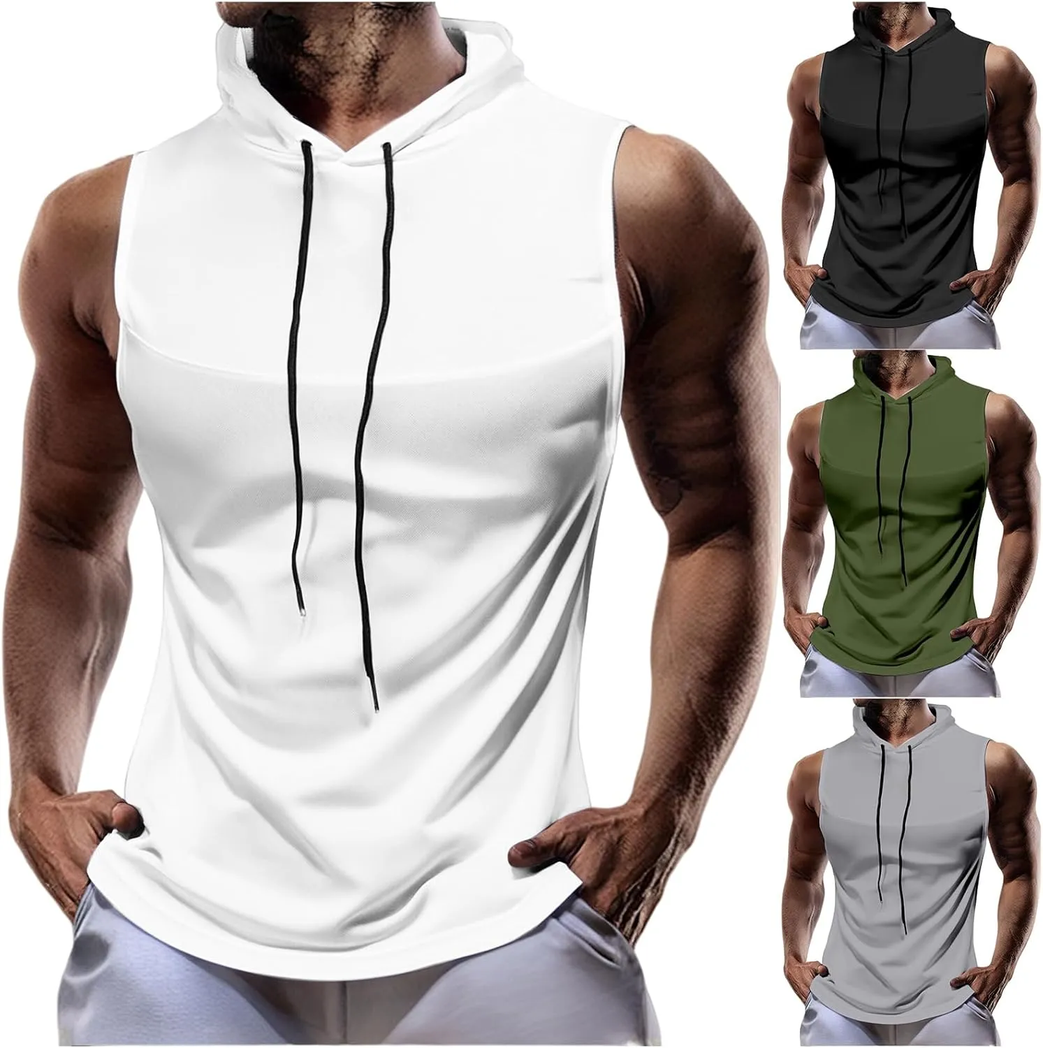 Athletic Hoodies for Men Breathable Comfy Workout Tank Tops Solid Color Drawstring Hoodie Jogger Running Sport Shirts