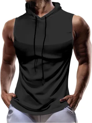 Athletic Hoodies for Men Breathable Comfy Workout Tank Tops Solid Color Drawstring Hoodie Jogger Running Sport Shirts