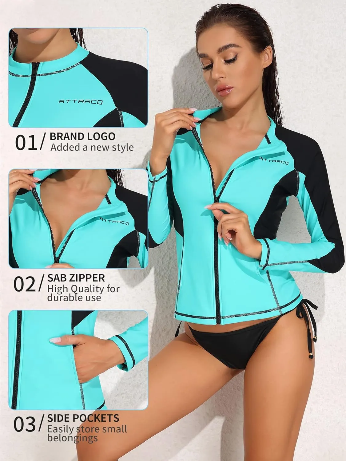 ATTRACO Long Sleeve Rash Guard Shirts for Women Full Zip Jackets Sun Protection Surfing Swimsuit