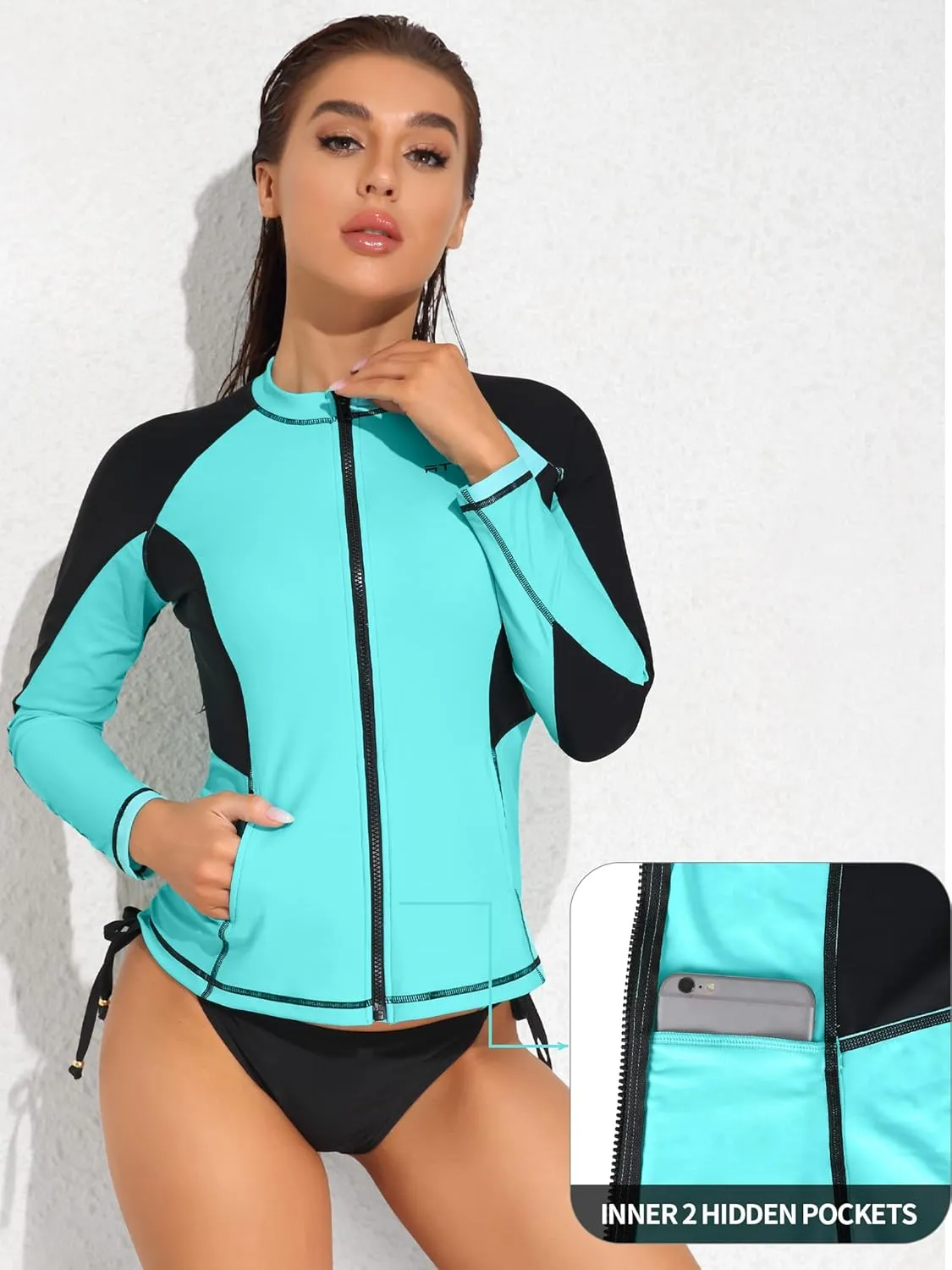 ATTRACO Long Sleeve Rash Guard Shirts for Women Full Zip Jackets Sun Protection Surfing Swimsuit