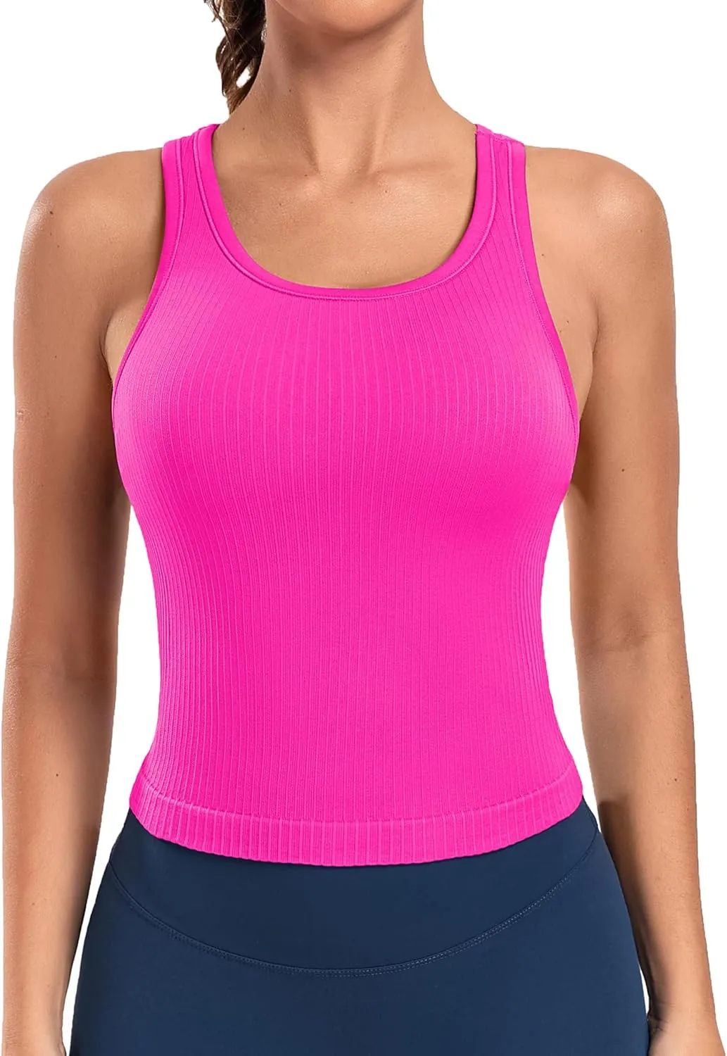 ATTRACO Workout Tank Tops for Women with Built in Bra Ribbed Seamless Yoga Tanks Tight Fit