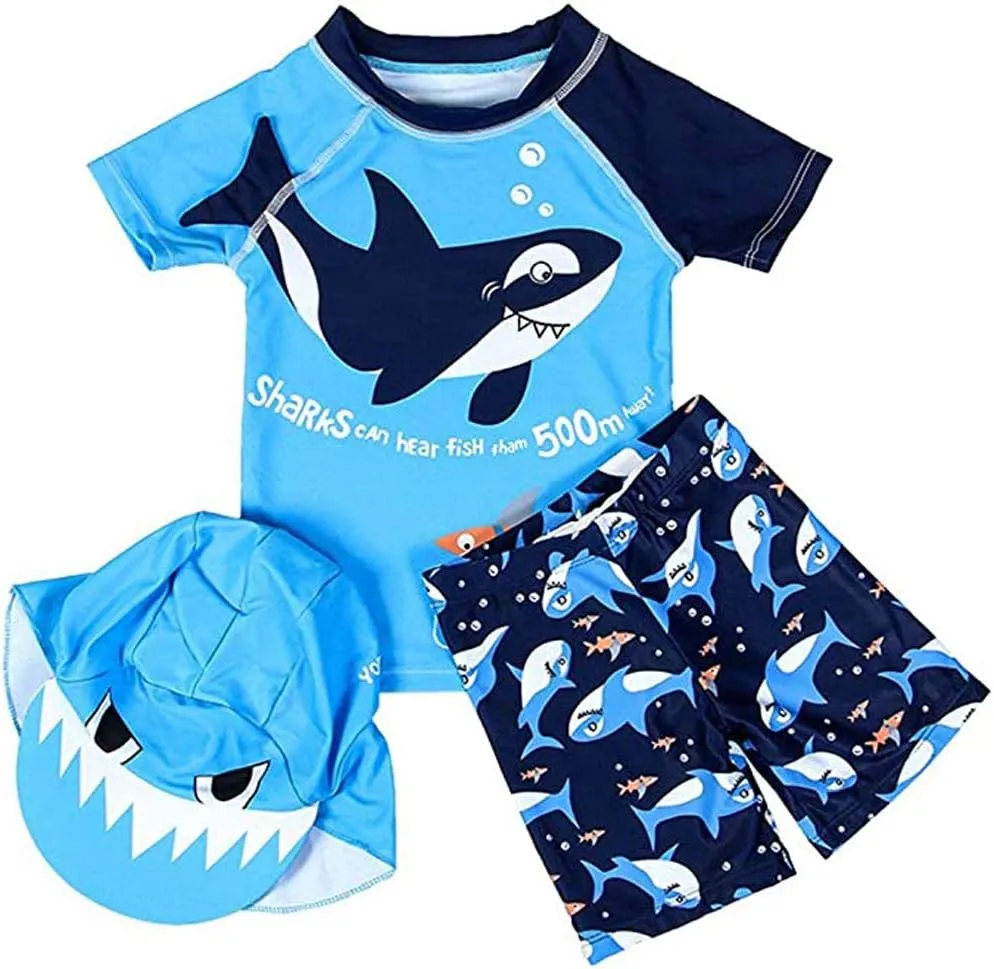 Baby Toddler Boys Two Pieces Swimsuit Set Swimwear Dinosaur Bathing Suit Rash Guards with Hat UPF 50 