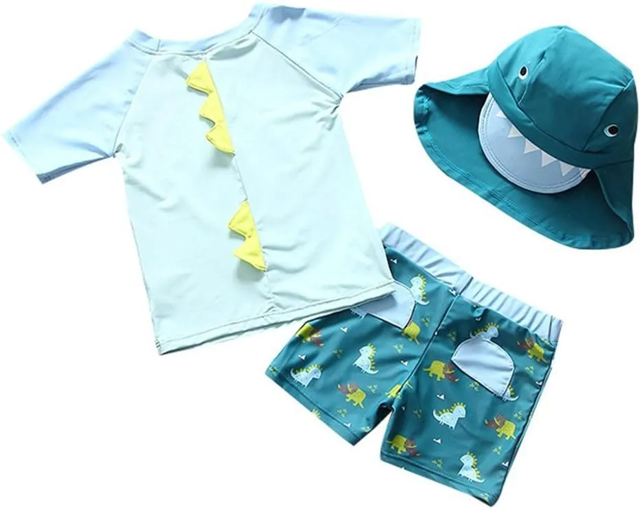Baby Toddler Boys Two Pieces Swimsuit Set Swimwear Dinosaur Bathing Suit Rash Guards with Hat UPF 50 