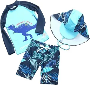 Baby Toddler Boys Two Pieces Swimsuit Set Swimwear Dinosaur Bathing Suit Rash Guards with Hat UPF 50 