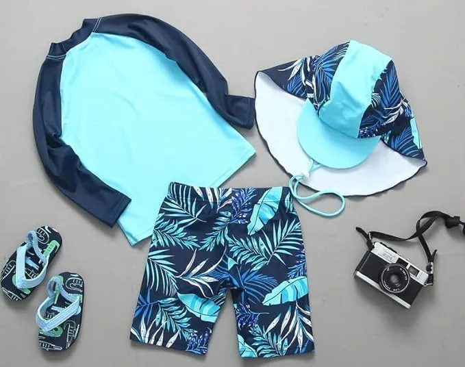 Baby Toddler Boys Two Pieces Swimsuit Set Swimwear Dinosaur Bathing Suit Rash Guards with Hat UPF 50 