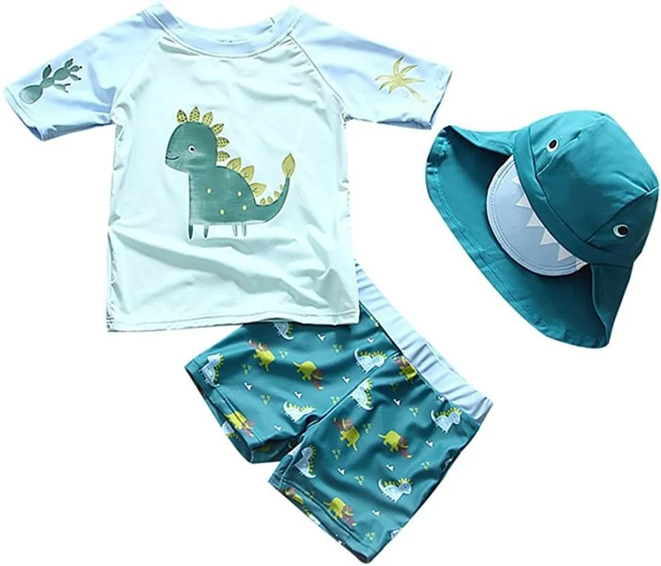 Baby Toddler Boys Two Pieces Swimsuit Set Swimwear Dinosaur Bathing Suit Rash Guards with Hat UPF 50 