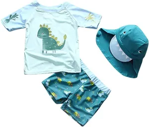 Baby Toddler Boys Two Pieces Swimsuit Set Swimwear Dinosaur Bathing Suit Rash Guards with Hat UPF 50 