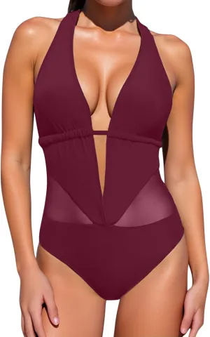 Backless One Piece Bathing Suits for Women Tummy Control Summer Swimwear High Cut Halter Neck Slimming Beach Swimsuits