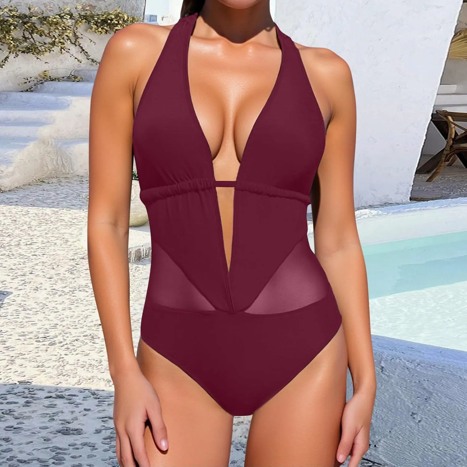 Backless One Piece Bathing Suits for Women Tummy Control Summer Swimwear High Cut Halter Neck Slimming Beach Swimsuits