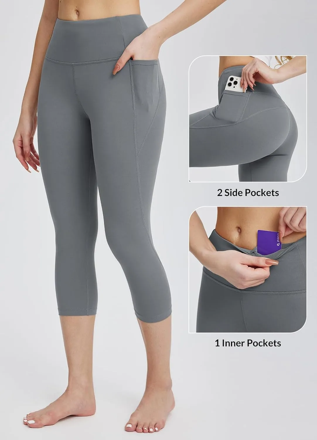 baleaf Women's Capri Leggings with Pockets High Waisted Workout Yoga Running Gym Pants for Casual Summer