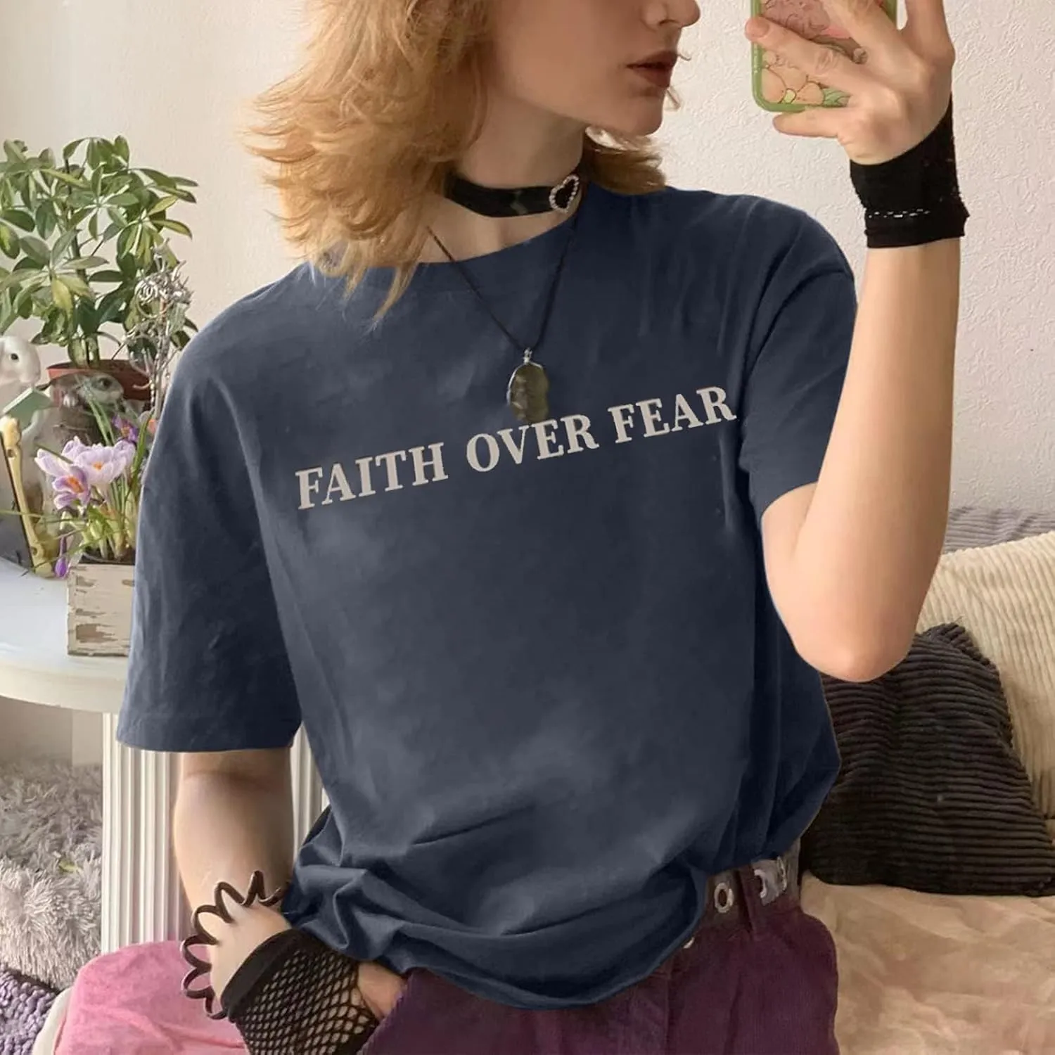 BANGELY Faith Over Fear Shirt Women Graphic Shirts Oversized Workout Gym Christian Religious Tees Drop Shoulder Tee Tops
