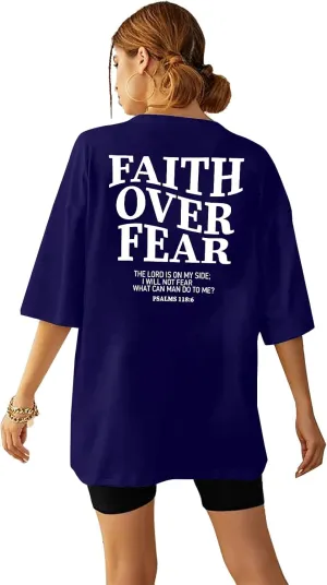 BANGELY Faith Over Fear Shirt Women Graphic Shirts Oversized Workout Gym Christian Religious Tees Drop Shoulder Tee Tops