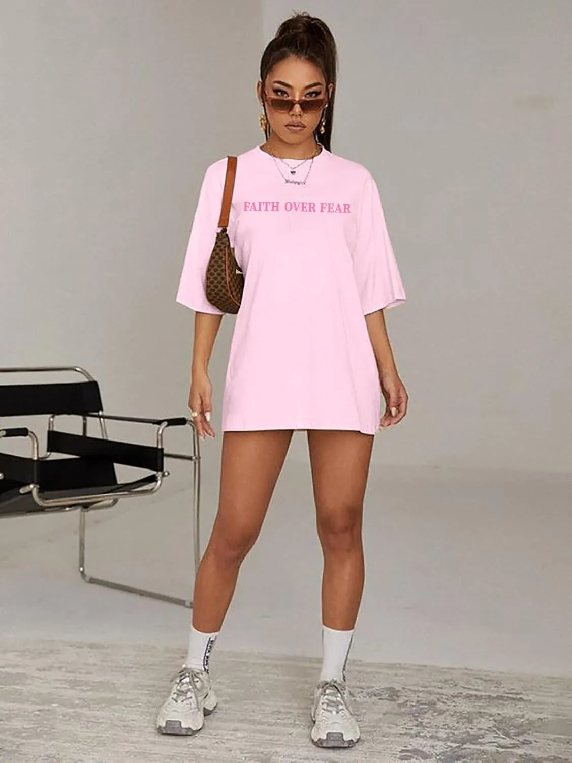 BANGELY Faith Over Fear Shirt Women Graphic Shirts Oversized Workout Gym Christian Religious Tees Drop Shoulder Tee Tops
